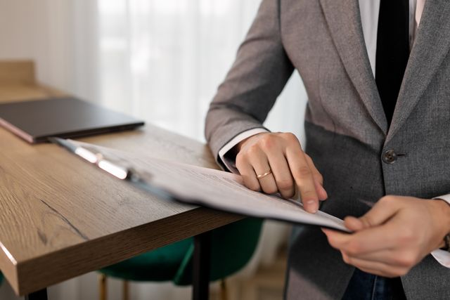 person in a suit reviewing a document